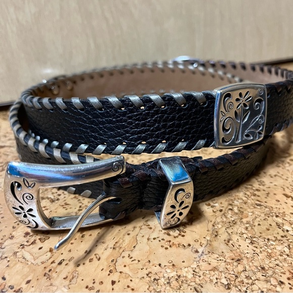 Brighton Women’s Black Leather Belt With Floral Silver Toned Accents Sz 34 - Picture 4 of 16